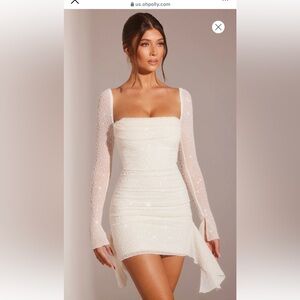 Long Sleeve Embellished Cowl Neck Mini Dress in White